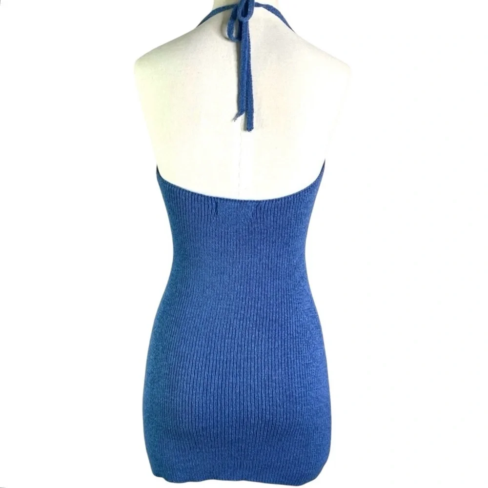 Blue Ribbed Halter Mini Dress - Picture 5 of 7